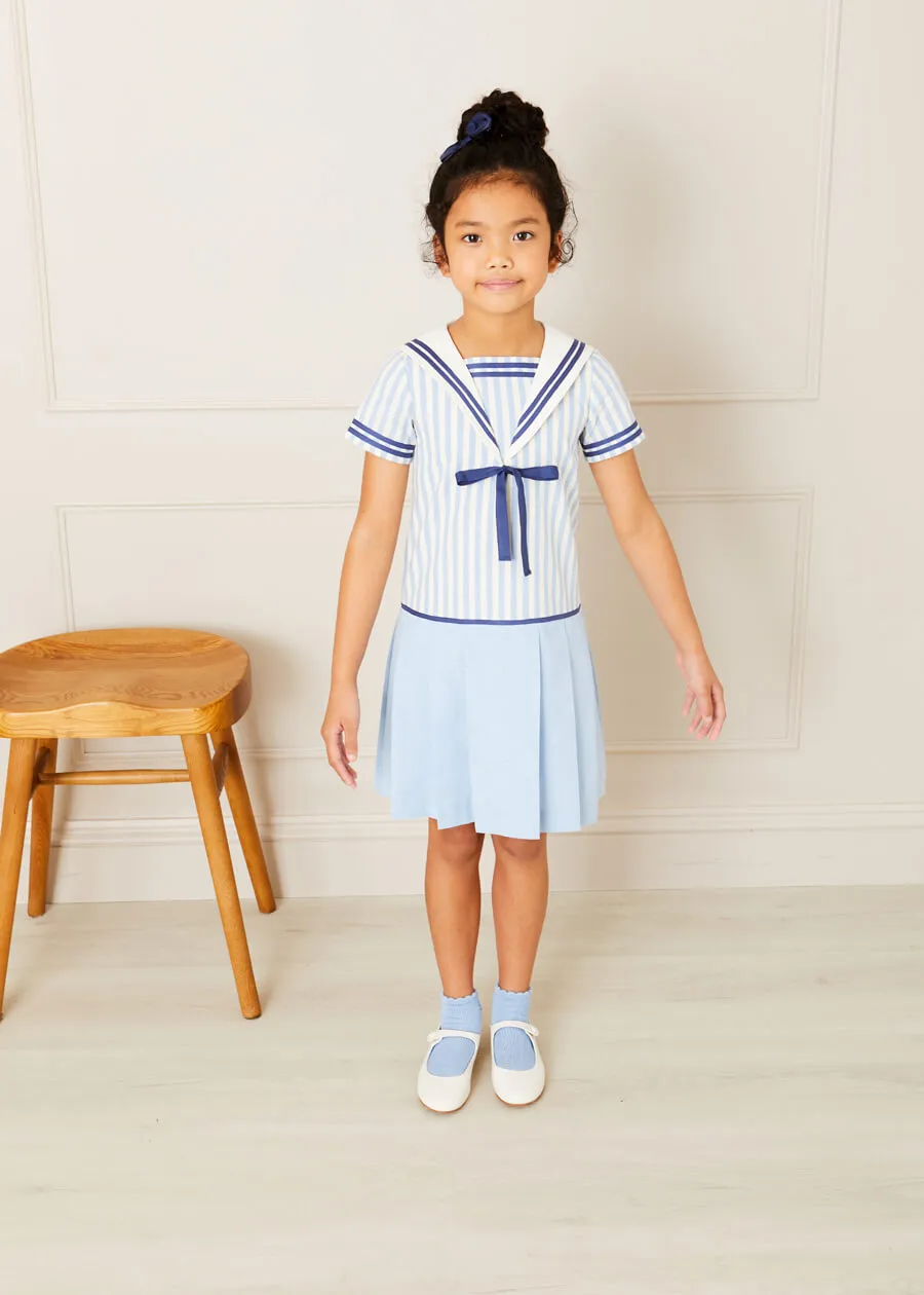 Nautical Striped Pleated Short Sleeve Mariner Dress in Blue (12mths-10yrs)