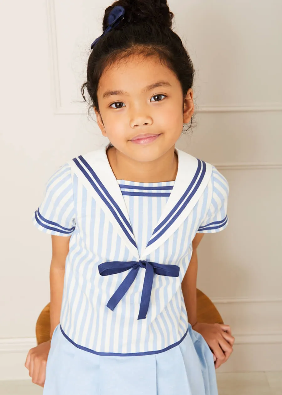 Nautical Striped Pleated Short Sleeve Mariner Dress in Blue (12mths-10yrs)