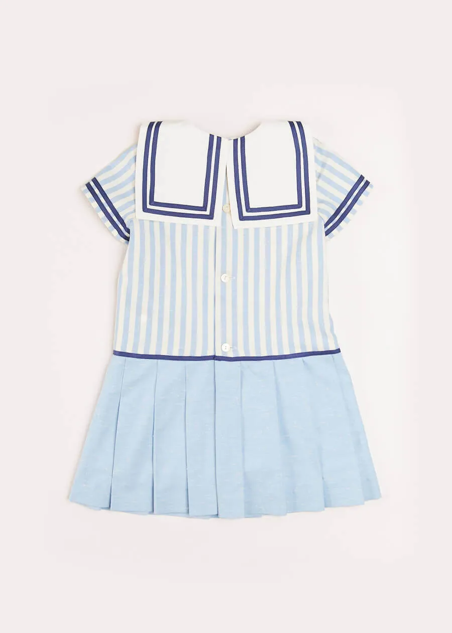 Nautical Striped Pleated Short Sleeve Mariner Dress in Blue (12mths-10yrs)