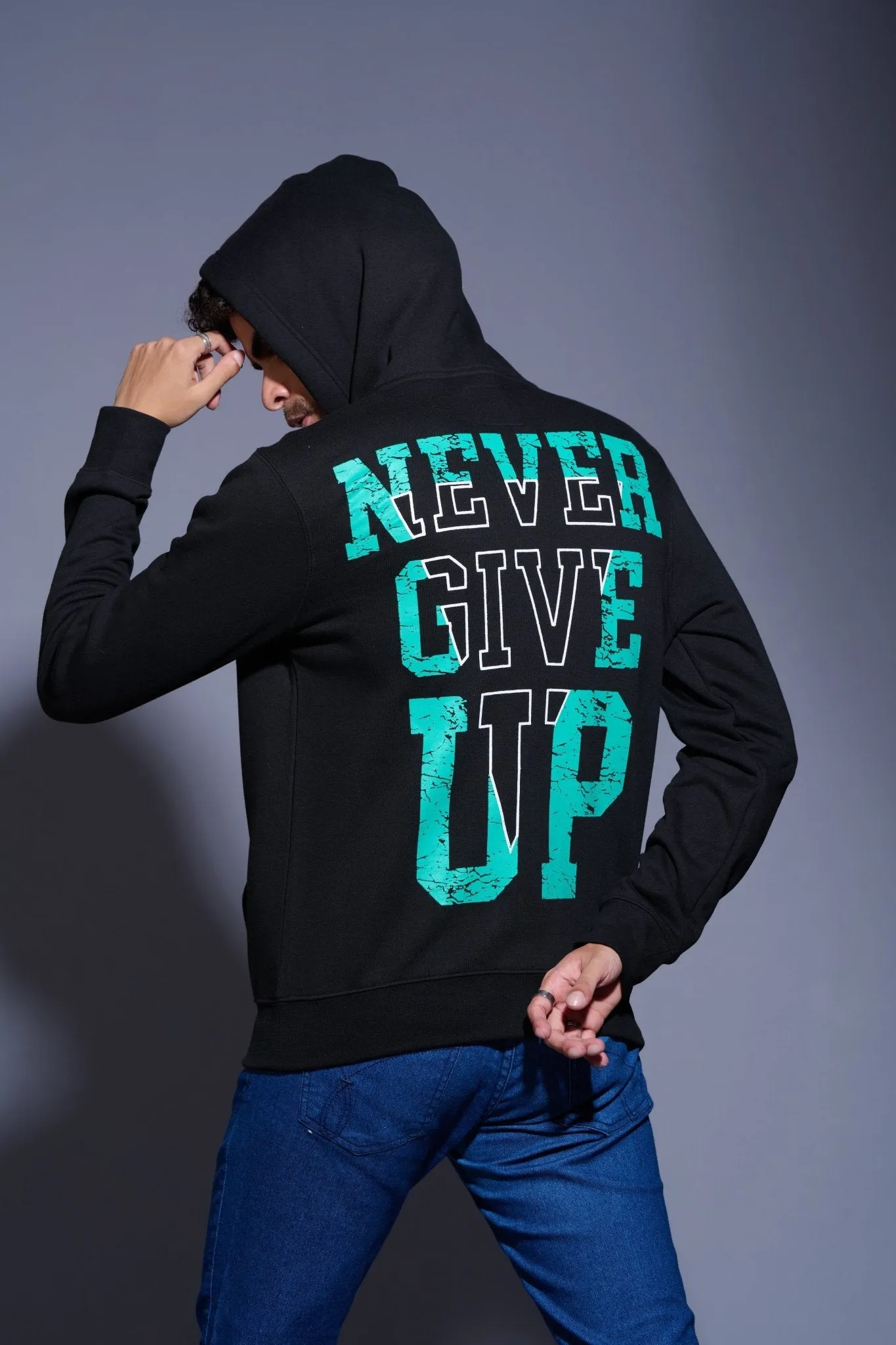 Never Give Up in Green Printed Black Hoodie for Men