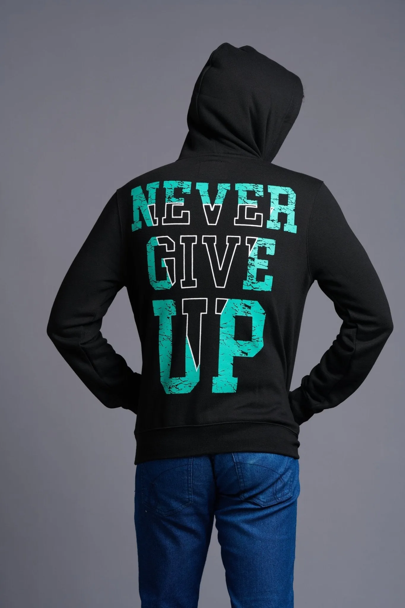 Never Give Up in Green Printed Black Hoodie for Men