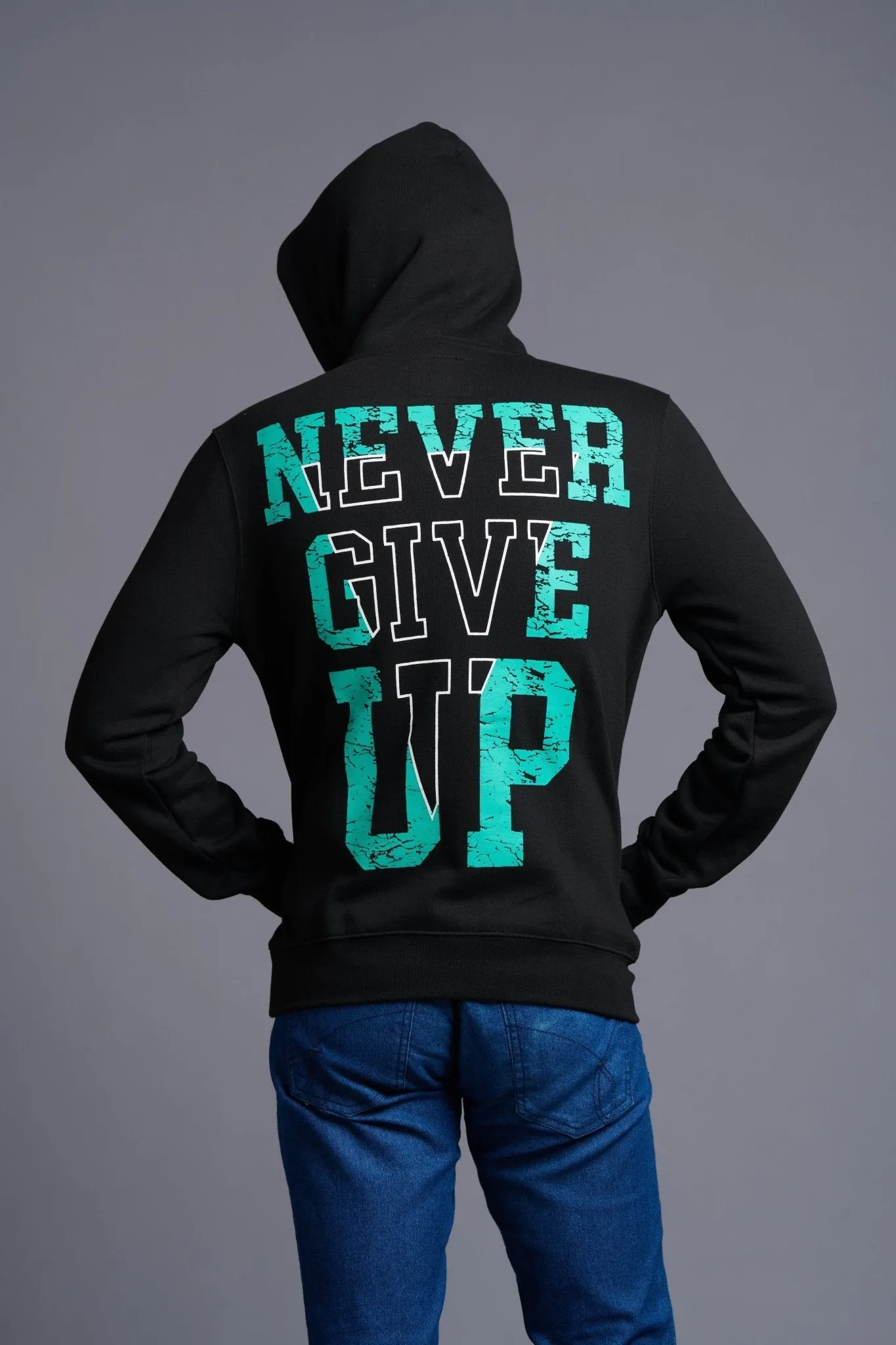 Never Give Up in Green Printed Black Hoodie for Men