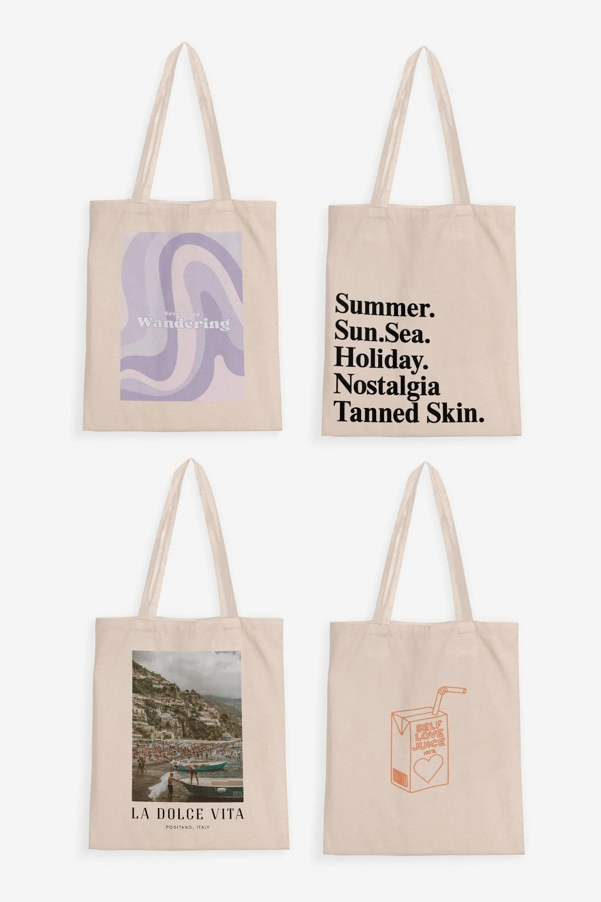 Never Stop Wandering Tote Bag + Summer Sun Sea Tote Bag + La Dolce Vita Tote Bag + Self Love Tote Bag (Combo of 4)