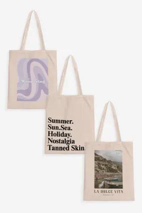 Never Stop Wandering Tote Bag + Summer Sun Sea Tote Bag + La Dolce Vita Tote Bag (Combo of 3)