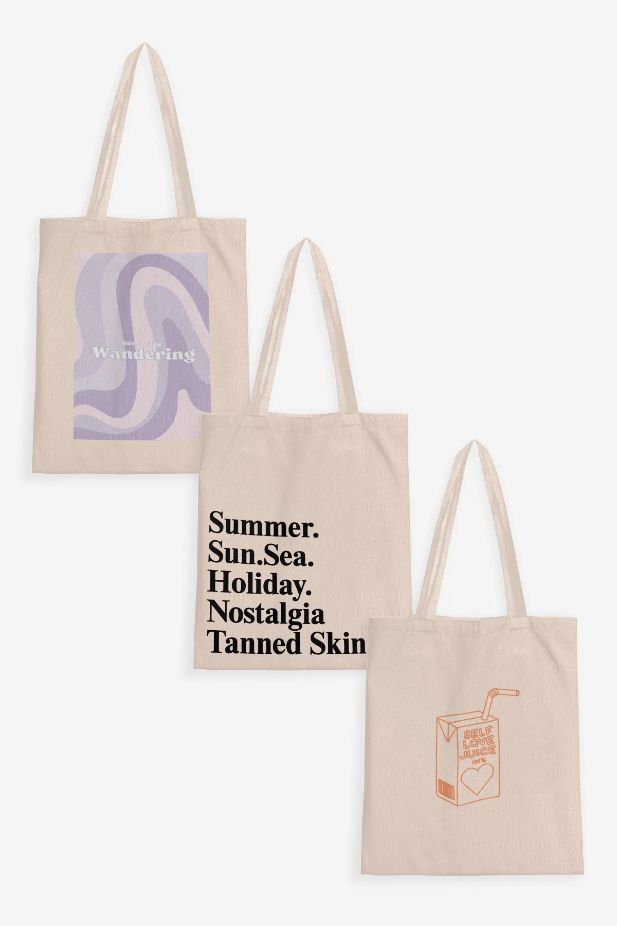 Never Stop Wandering Tote Bag + Summer Sun Sea Tote Bag + Self Love Tote Bag (Combo of 3)