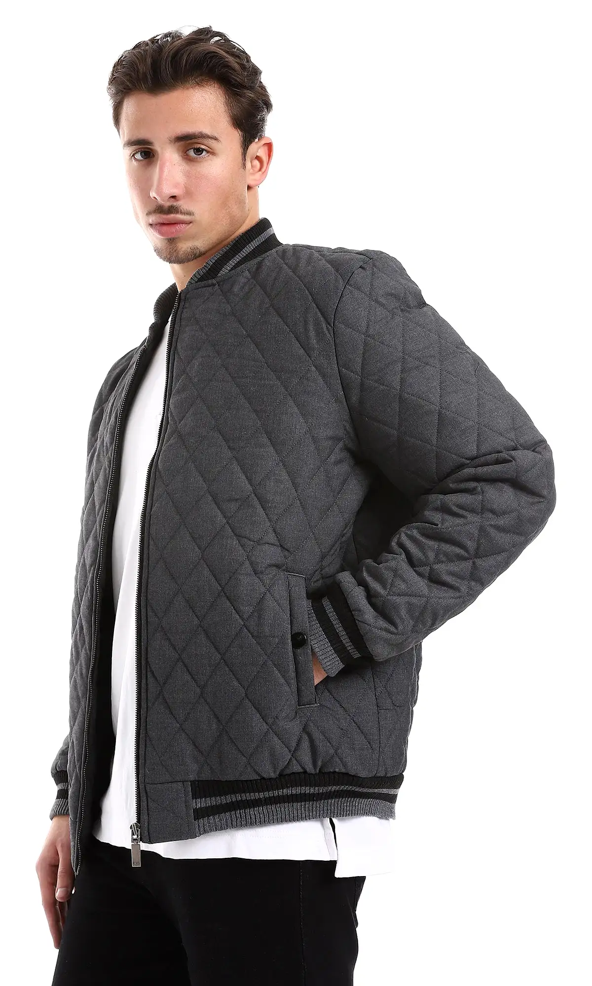 O161818 Quilted Heather Charcoal Zipper Closure Jacket