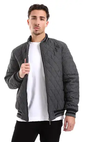 O161818 Quilted Heather Charcoal Zipper Closure Jacket