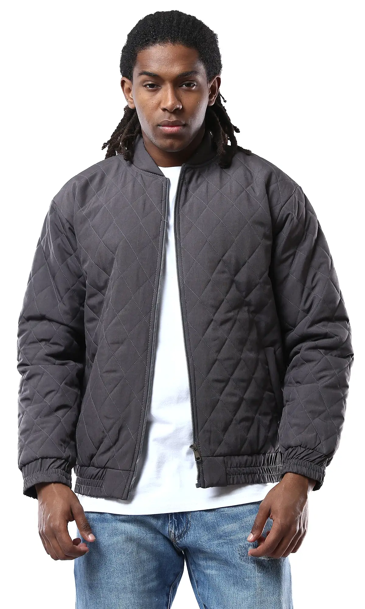 O175350 Dark Grey Quilted Jacket With Elastic Hem