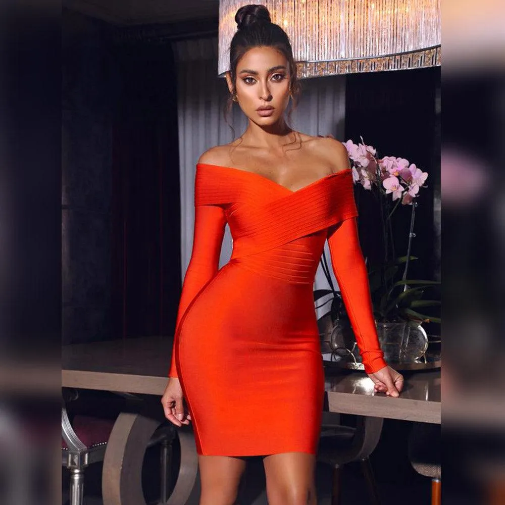 Off Shoulder Bandage Dress Mini V-Neck Long Sleeve Bodycon