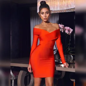 Off Shoulder Bandage Dress Mini V-Neck Long Sleeve Bodycon