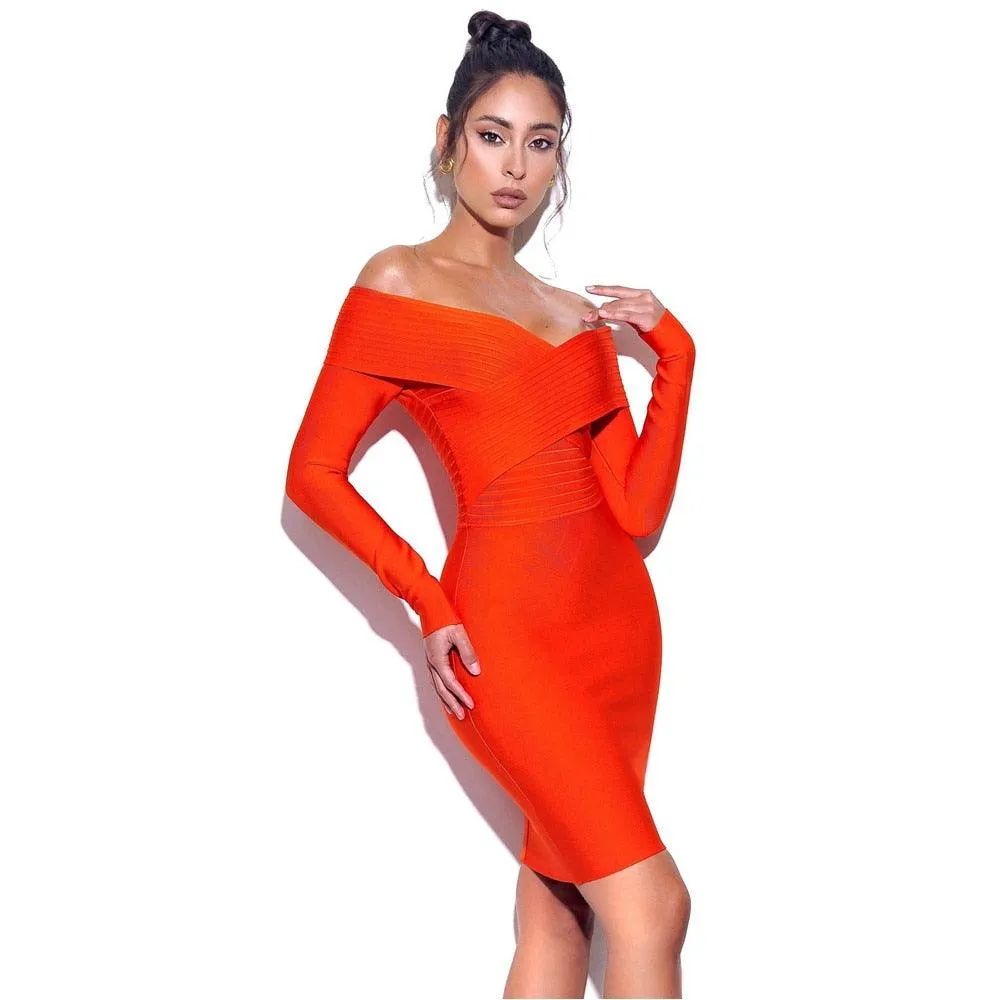 Off Shoulder Bandage Dress Mini V-Neck Long Sleeve Bodycon