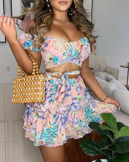 Off Shoulder Floral Print Top & Frill Hem Skirt Set