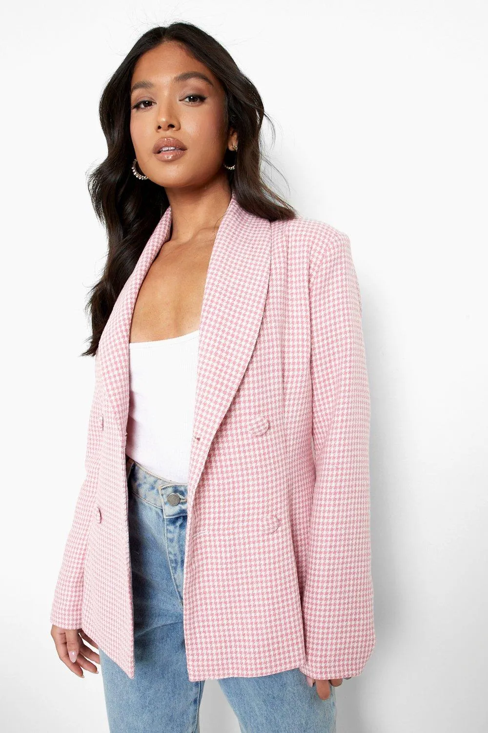 Petite Dogtooth Flannel Double Breasted Blazer