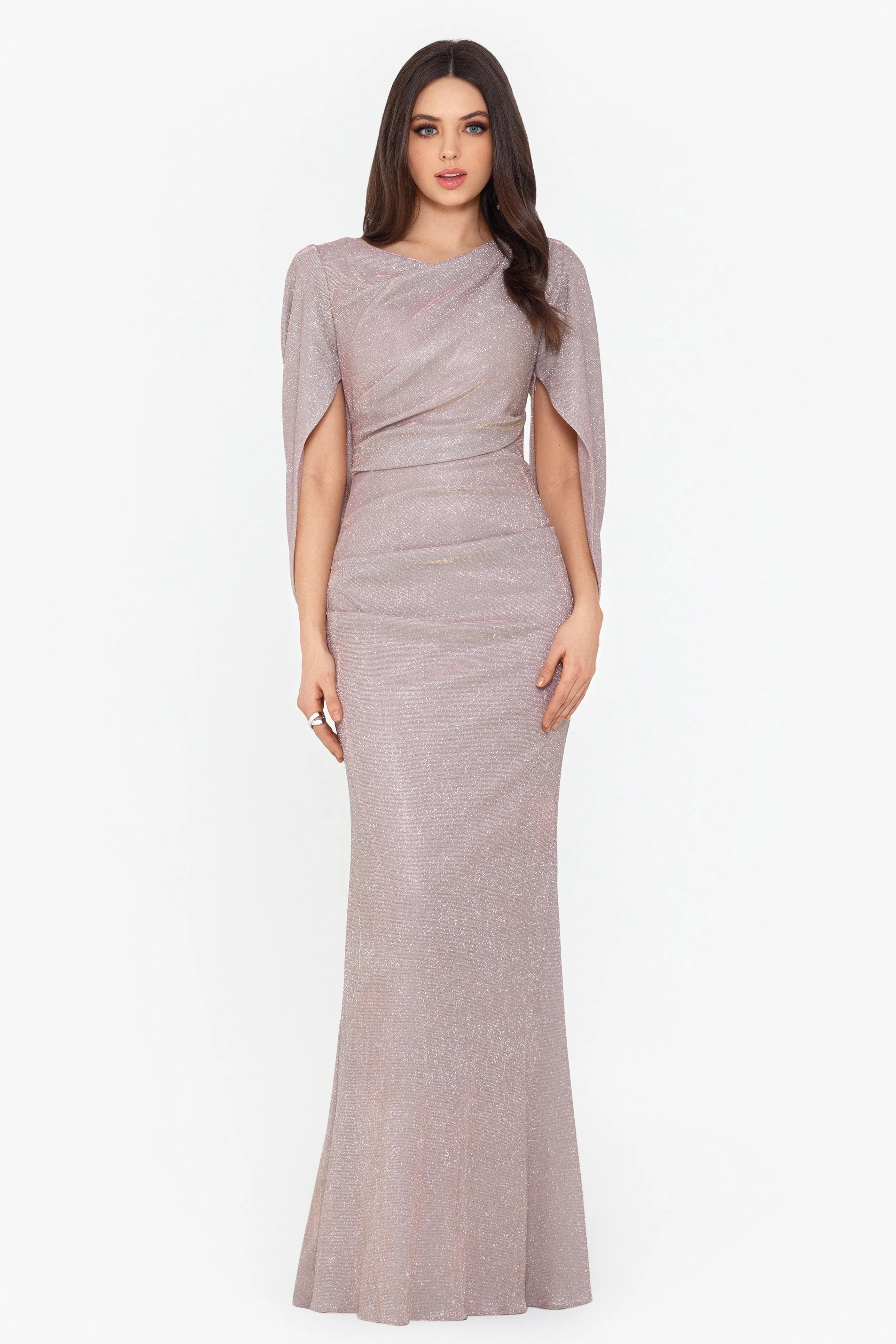 Petite Gracie Galaxy Knit Glitter Draped Gown