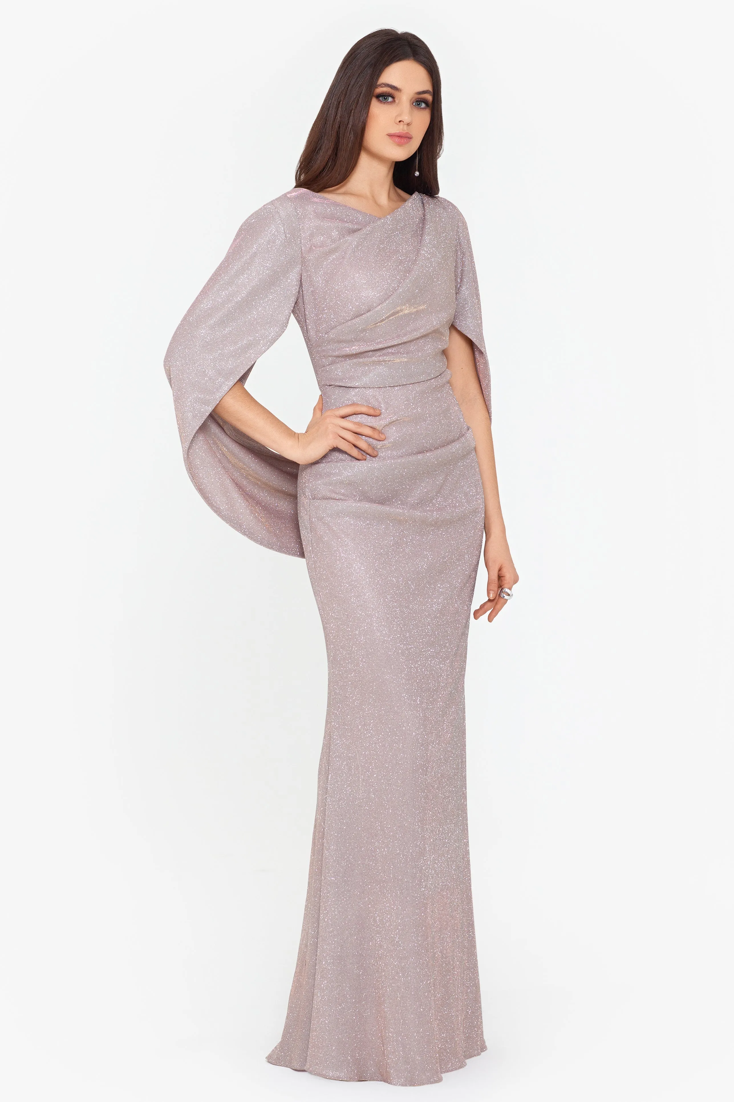 Petite Gracie Galaxy Knit Glitter Draped Gown