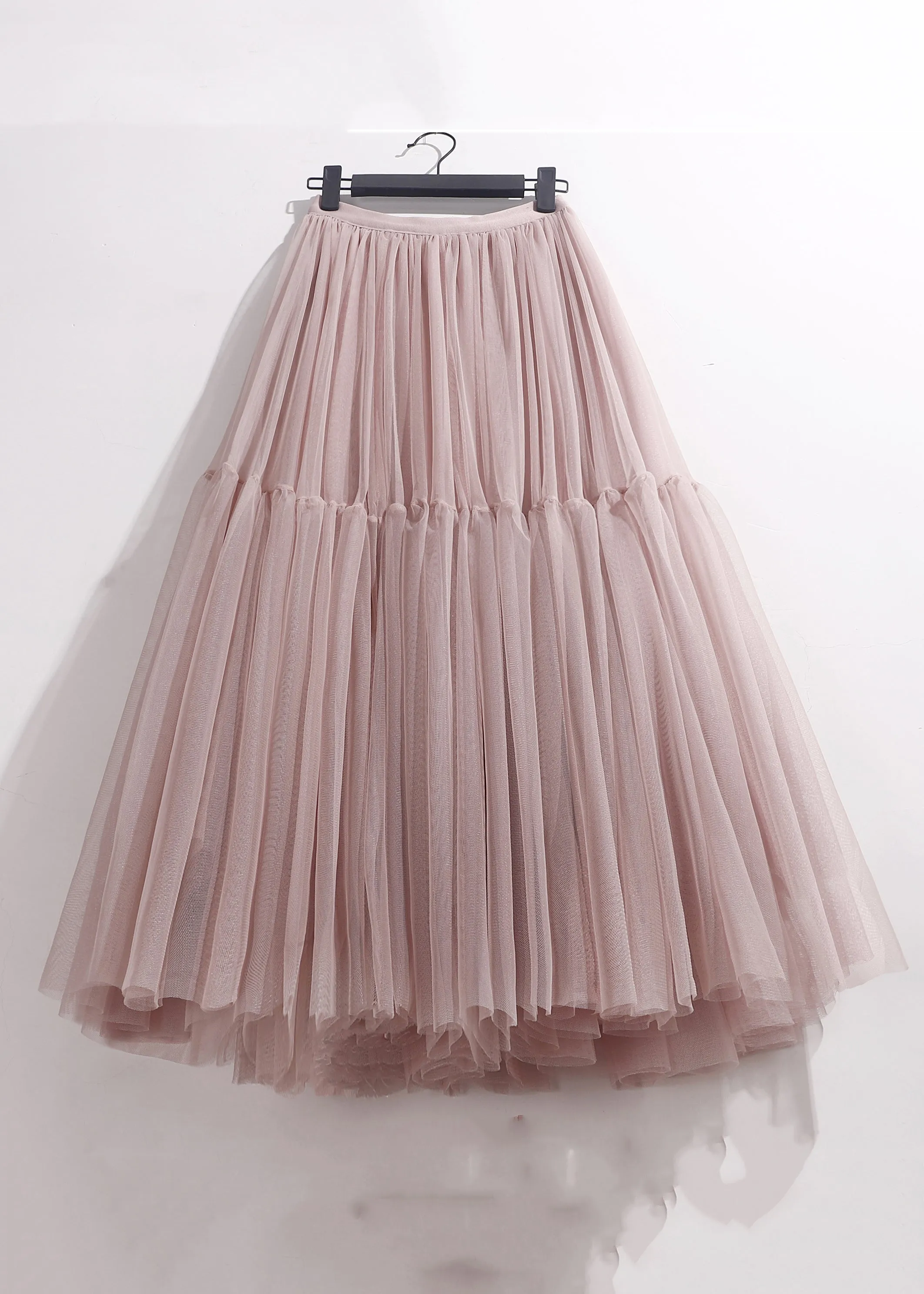 Pink Patchwork Loose Tulle Pleated Skirt High Waist Summer AS1089