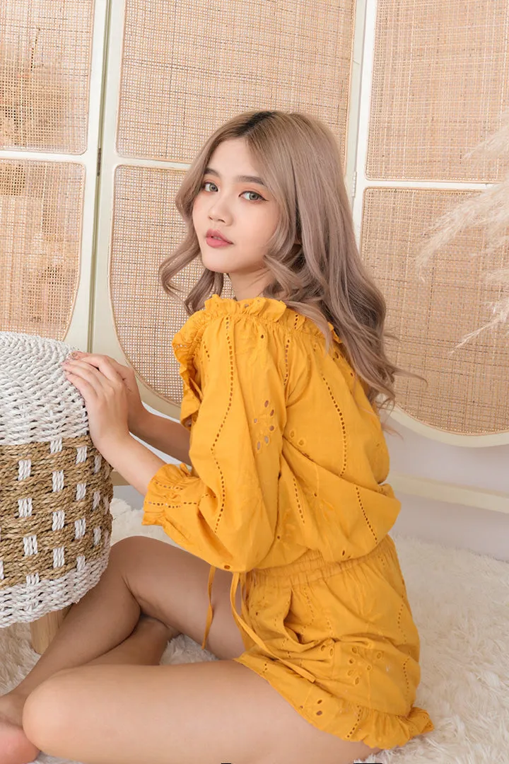 ROMIE EYELET OFF SHOULDER TOP (MUSTARD)