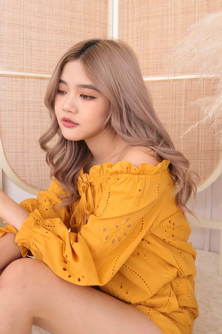 ROMIE EYELET OFF SHOULDER TOP (MUSTARD)