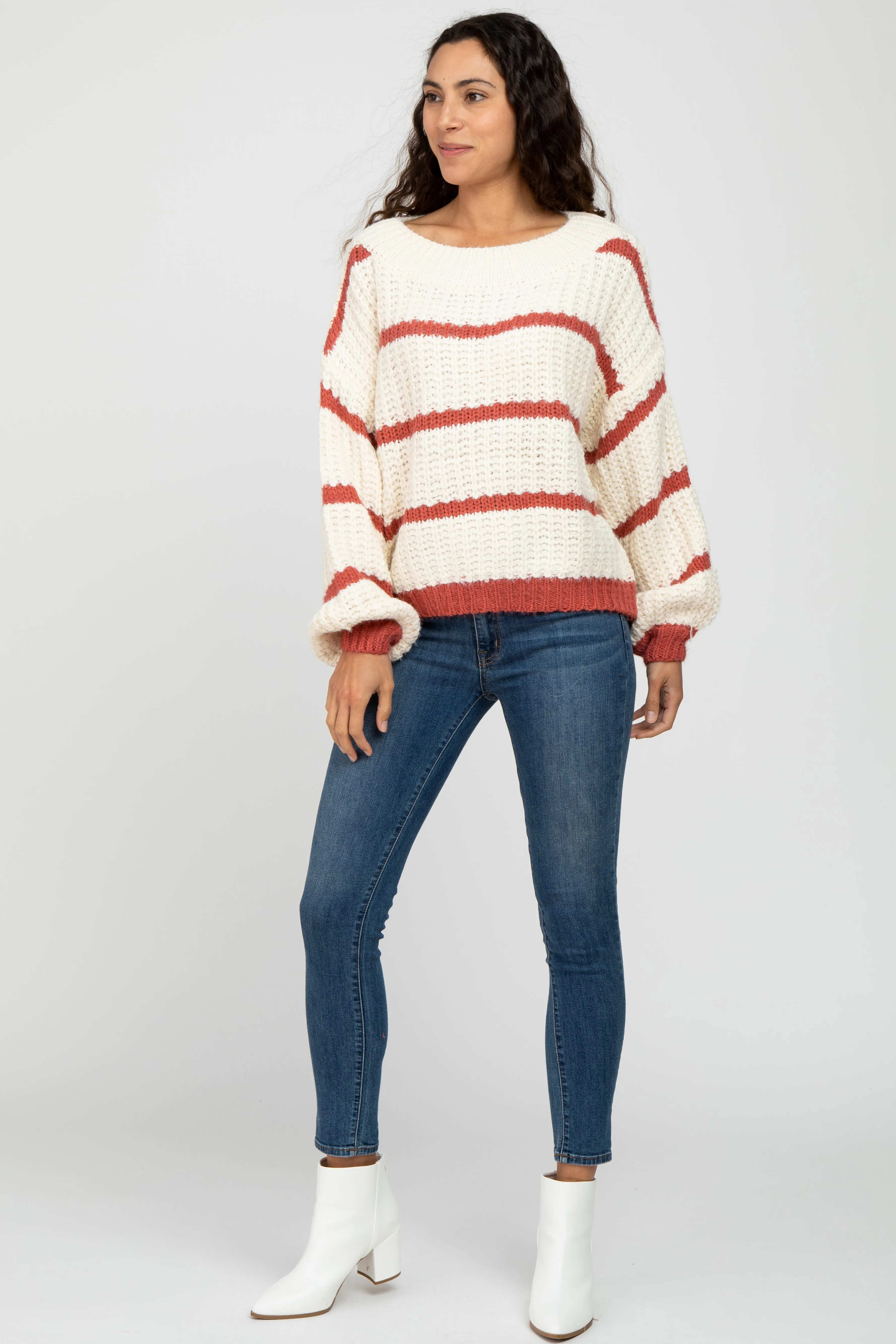 Rust Cream Striped Chunky Knit Sweater