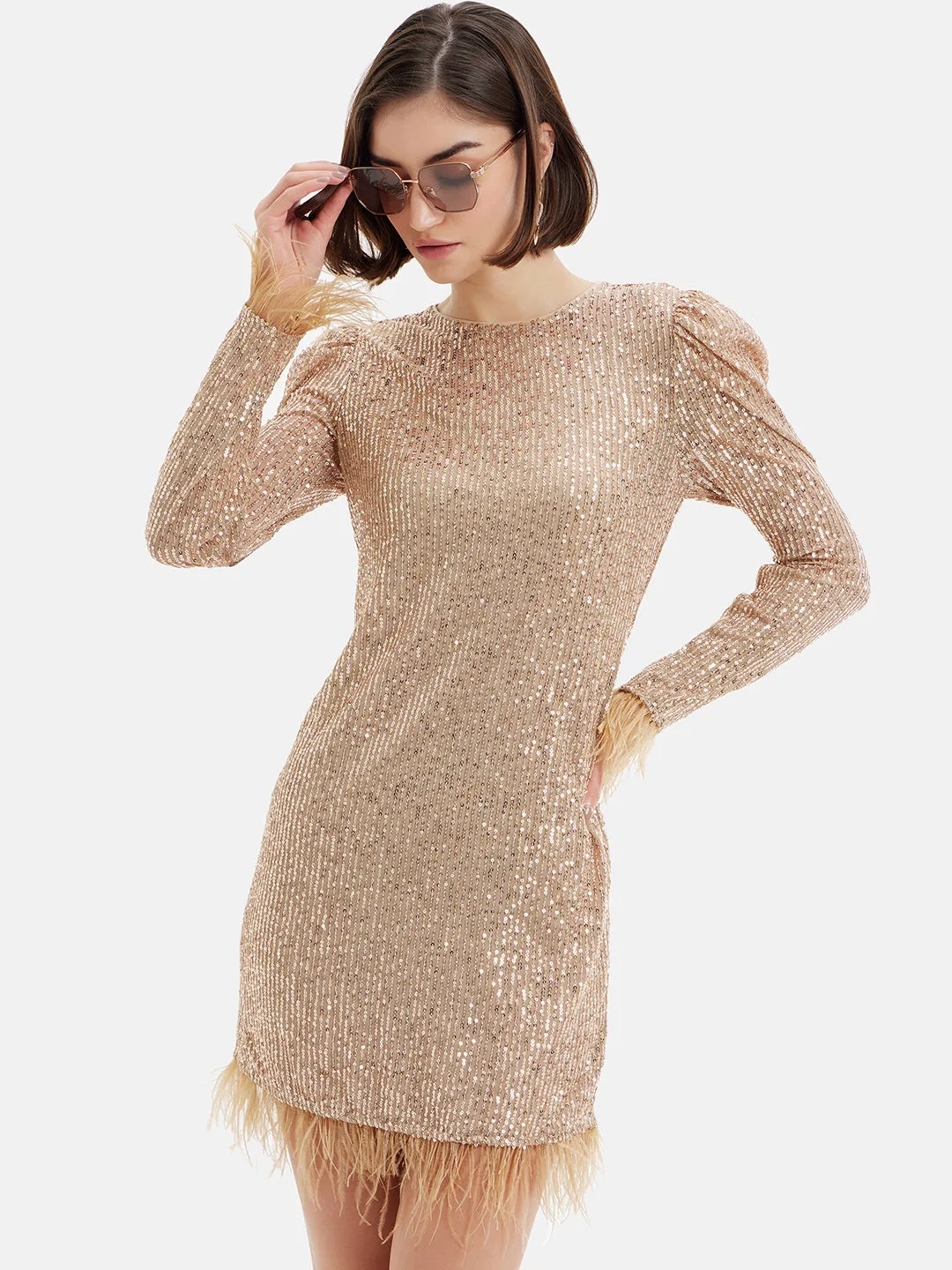 Sequin Shift Dress With Feathers