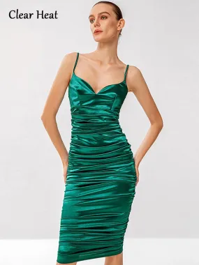 Sexy Backless Green Spaghetti Strap Midi Dress Women Chic V Neck Sleeveless Pleated Dresses Female Casual Party Club Vestidos