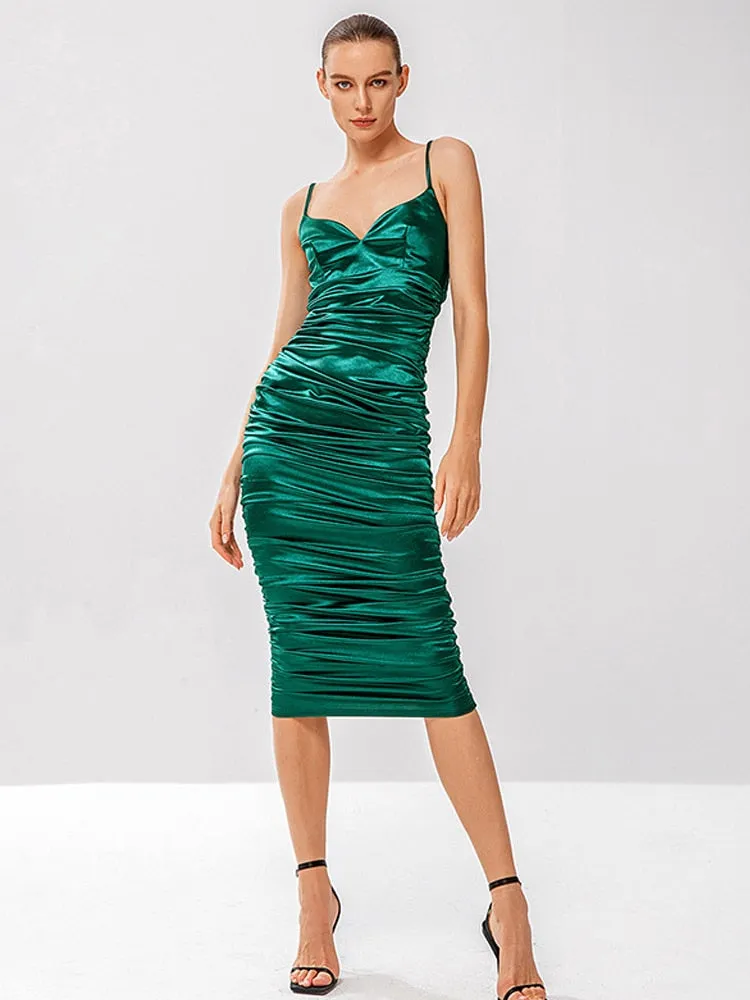 Sexy Backless Green Spaghetti Strap Midi Dress Women Chic V Neck Sleeveless Pleated Dresses Female Casual Party Club Vestidos