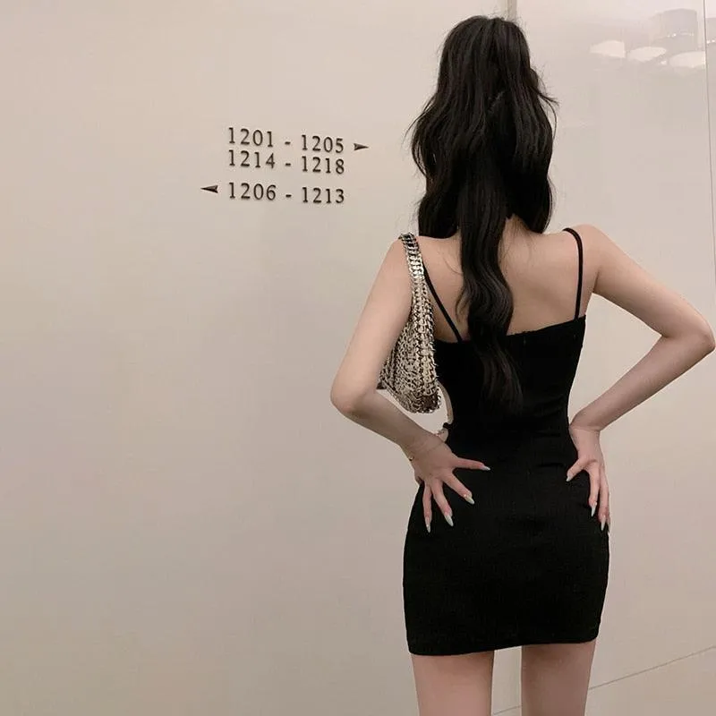 Sexy Club Hollow Out Chain Halter Neck Backless Sleeveless Black Skinny Mini Dress