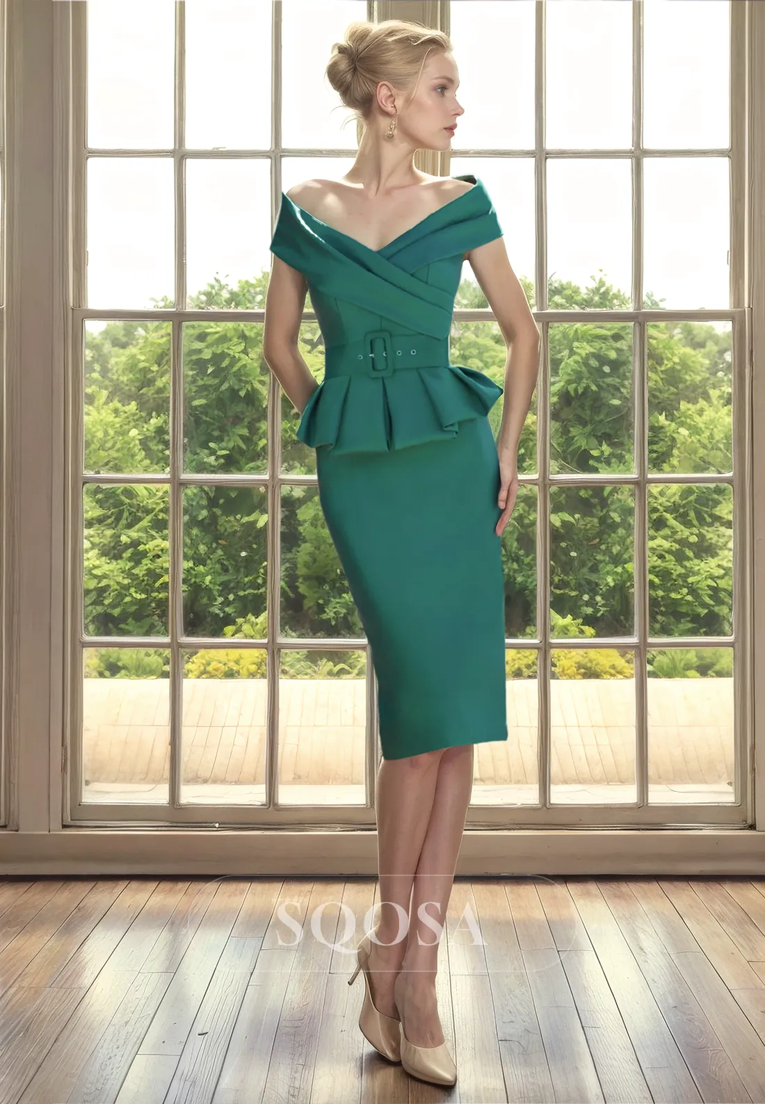 Sheath Off Shoulder Satin Pleats Short Mother of the Bride Dress Green Cocktail Dress