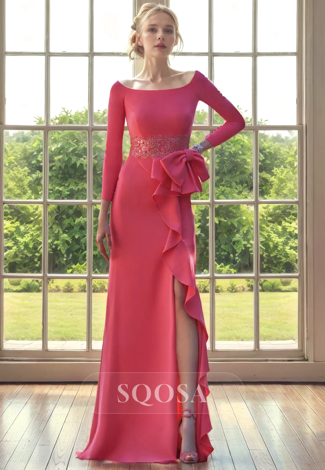 Sheath Scoop 3/4 Sleeves Long Mother of the Bride Dress for Wedding Cocktail Dress