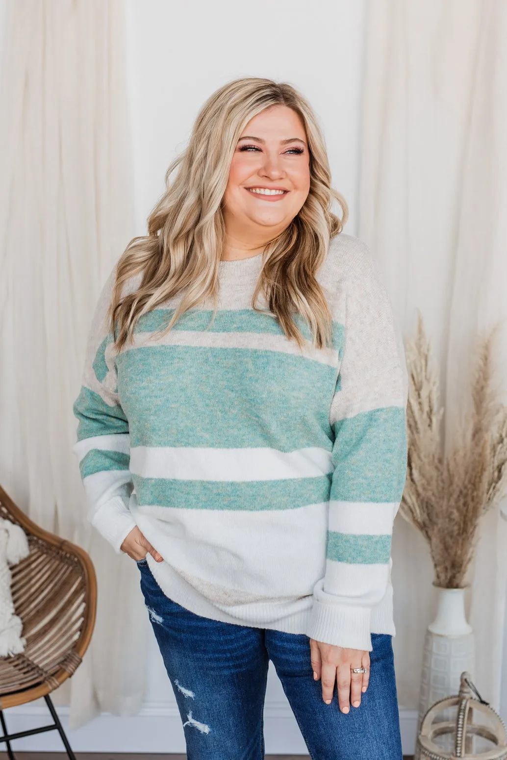 Showering Affections Striped Sweater- Ivory & Teal