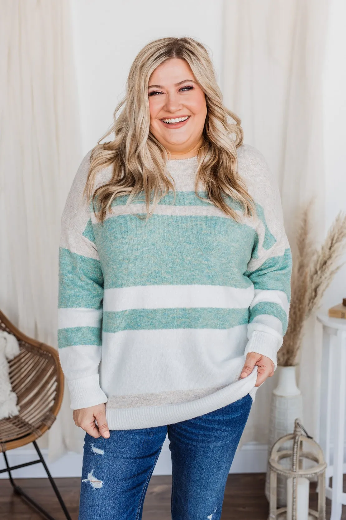 Showering Affections Striped Sweater- Ivory & Teal