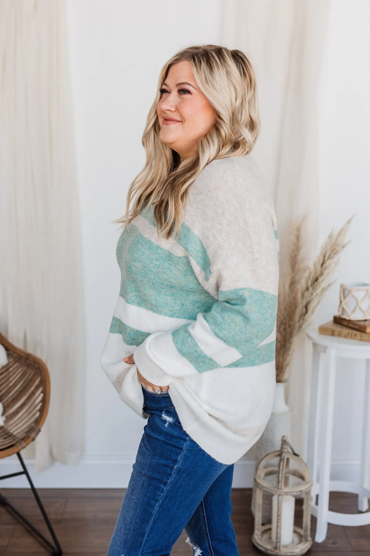 Showering Affections Striped Sweater- Ivory & Teal