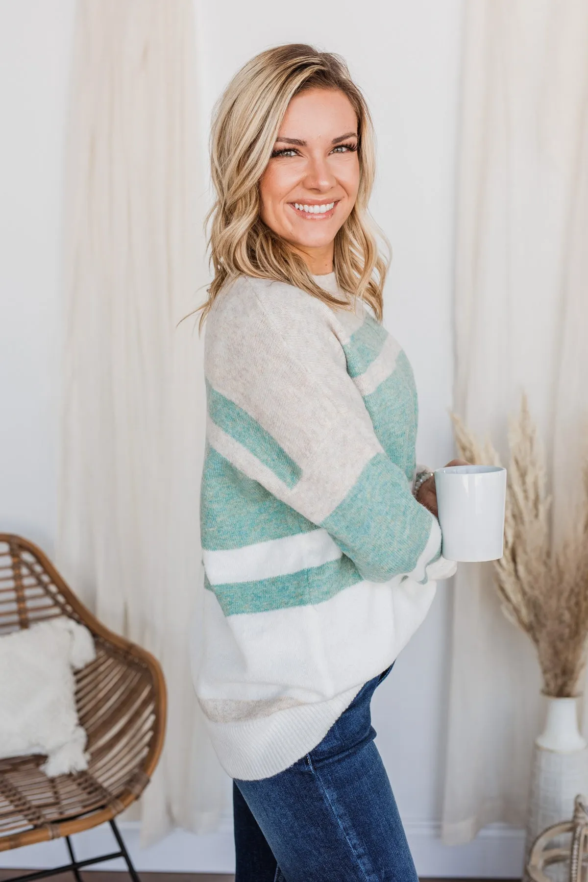 Showering Affections Striped Sweater- Ivory & Teal