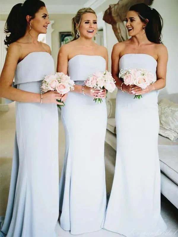 Simple Straight Neck Sheath Sleeveless Satin Light blue Long Bridesmaid Dresses, BG301