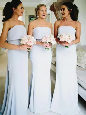 Simple Straight Neck Sheath Sleeveless Satin Light blue Long Bridesmaid Dresses, BG301