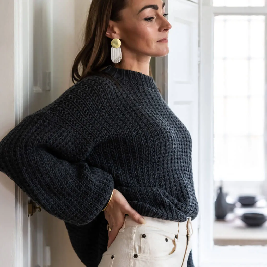 Slouchy Rib Knit Sweater - Charcoal Grey