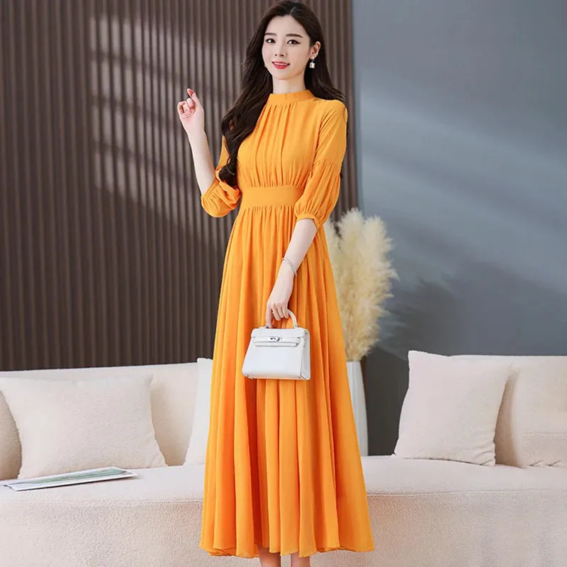 Solid Chiffon Ruffled Elegant Women Korean Bodycon Evening Dresses