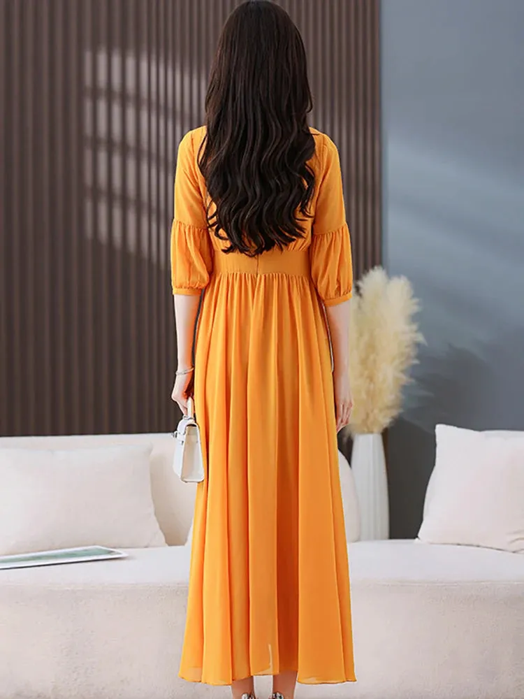 Solid Chiffon Ruffled Elegant Women Korean Bodycon Evening Dresses