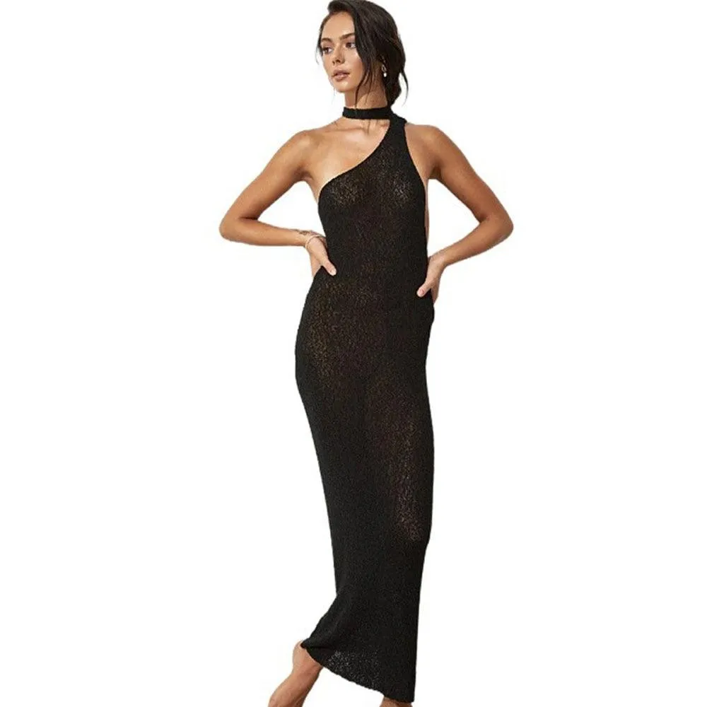 Solid Color Sexy One Shoulder Halter Bandage Backless Knitted Long Dress