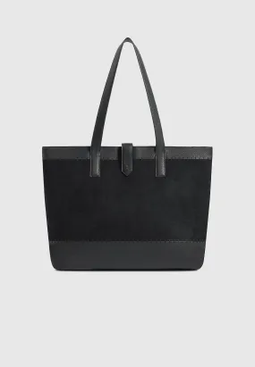 Suede & Pebbled Leather Whipstitch Tote Bag - Black