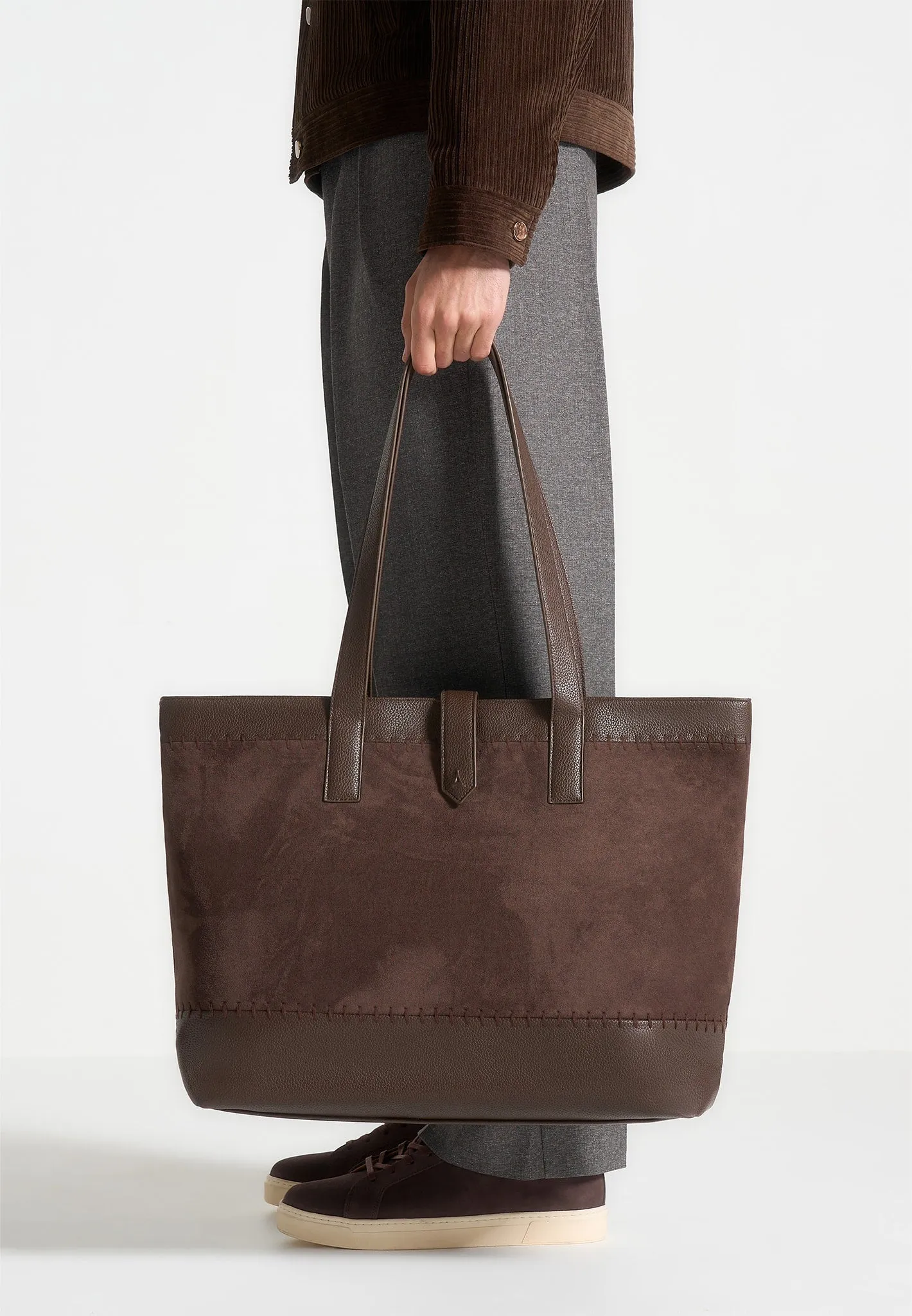 Suede & Pebbled Leather Whipstitch Tote Bag - Brown