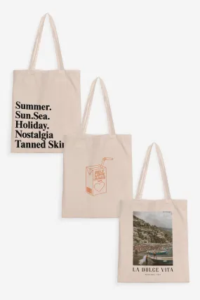 Summer Sun Sea Tote Bag + Self Love Tote Bag + La Dolce Vita Tote Bag (Combo of 3)