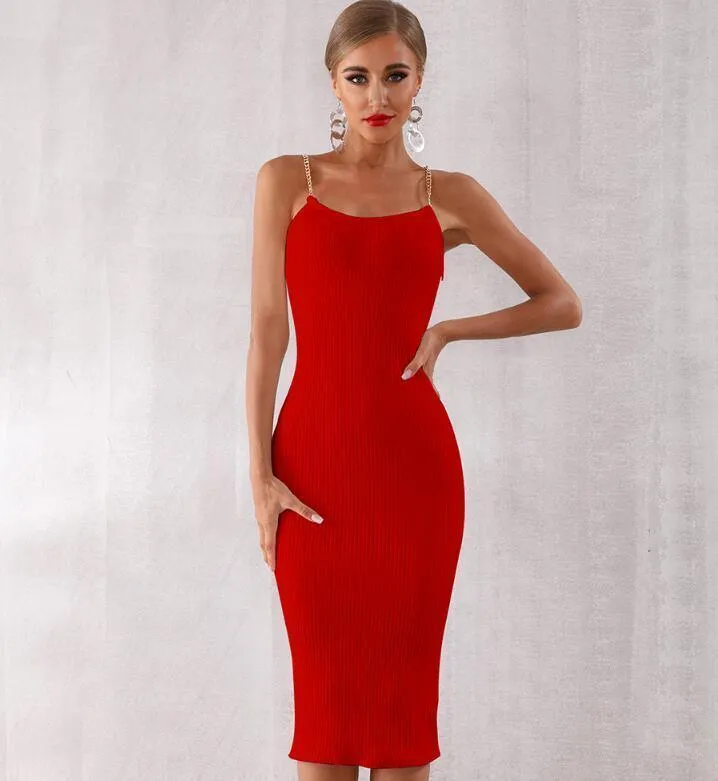 Summer Women Bodycon Bandage Dress Sexy Chain Spaghetti Strap Club Dress Celebrity Evening Party Dresses Vestidos