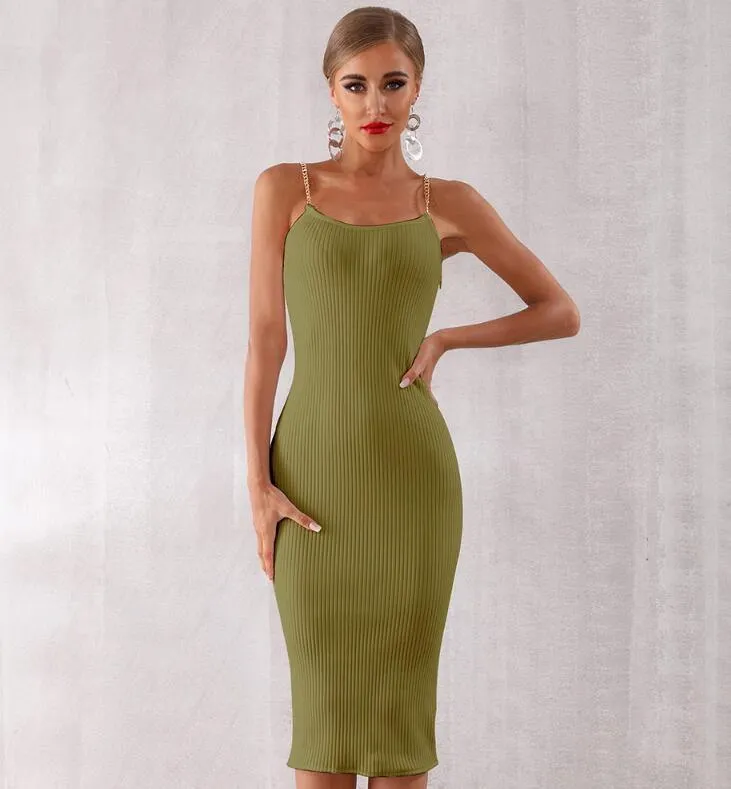 Summer Women Bodycon Bandage Dress Sexy Chain Spaghetti Strap Club Dress Celebrity Evening Party Dresses Vestidos