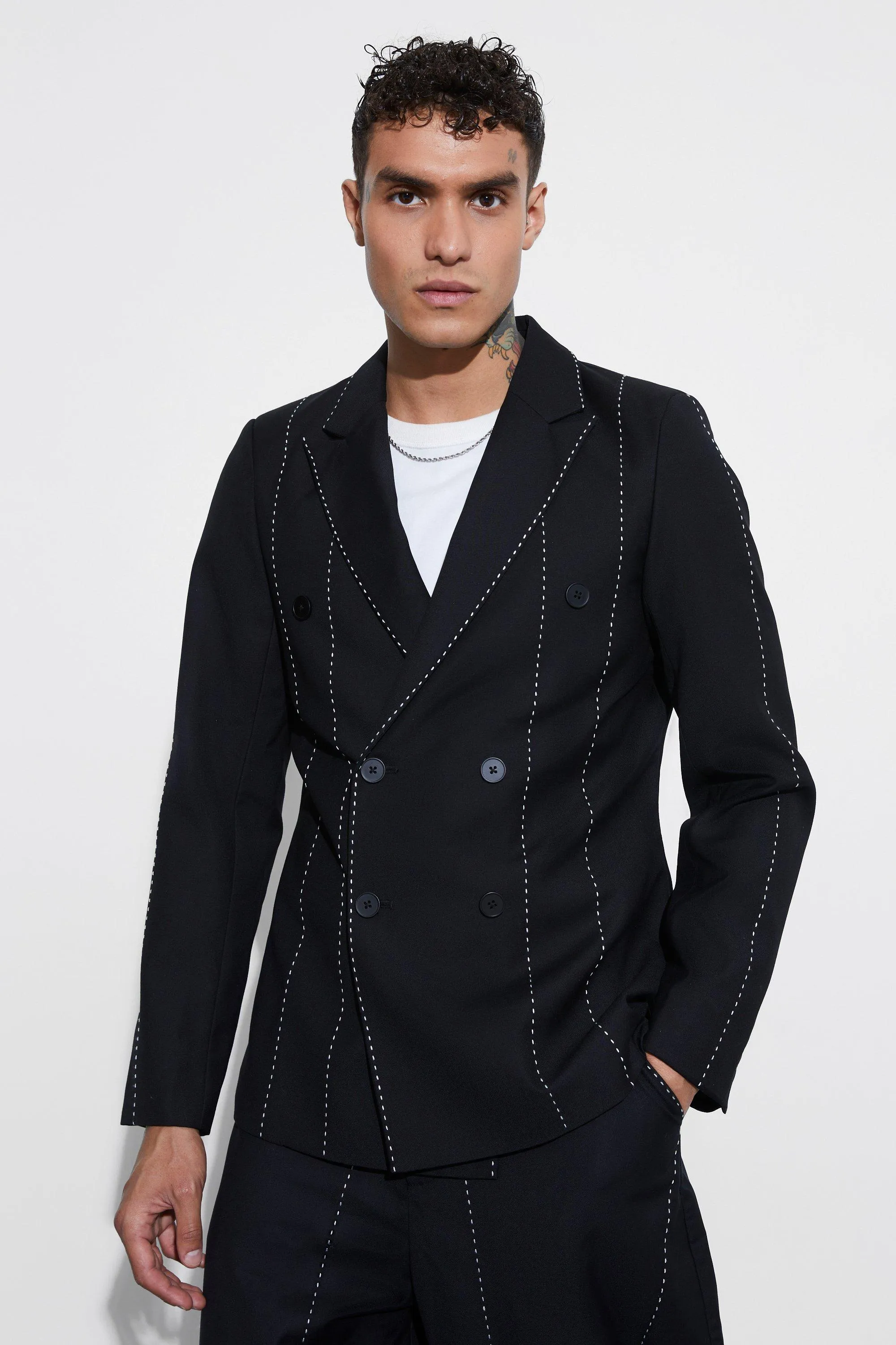 Topstitch Slim Fit Double Breasted Blazer