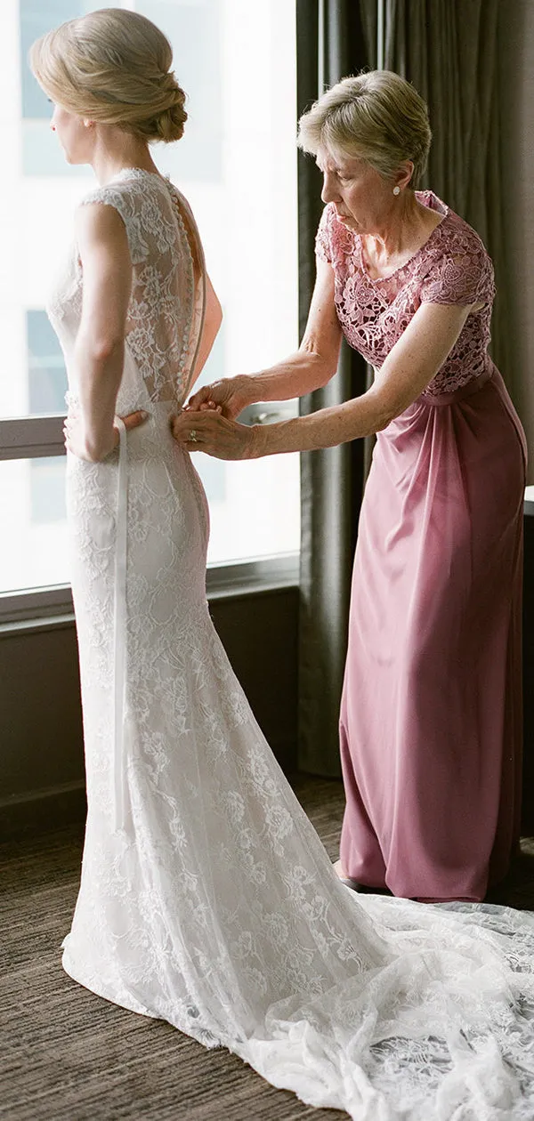 Vintage Lace Cap Sleeve See Through Neckline Sheath Wedding Dresses,DB0167