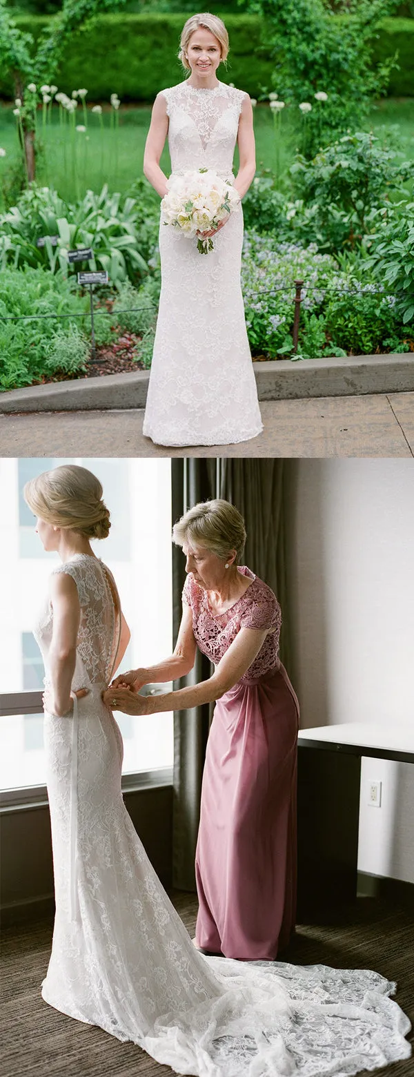 Vintage Lace Cap Sleeve See Through Neckline Sheath Wedding Dresses,DB0167