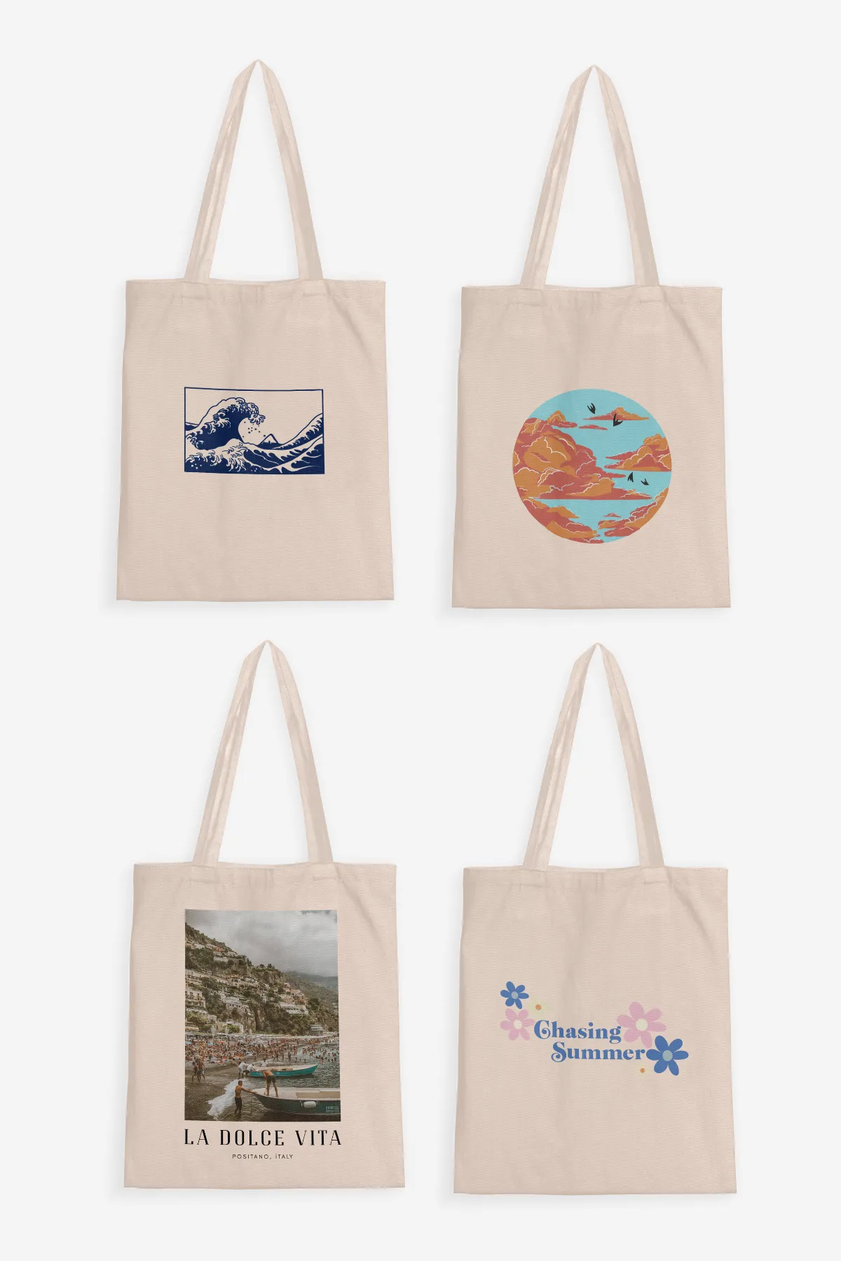 Waves Tote Bag+ Summer Clouds Tote Bag + La Dolce Vita Tote Bag + Chasing Summer Tote Bag (Combo of 4)