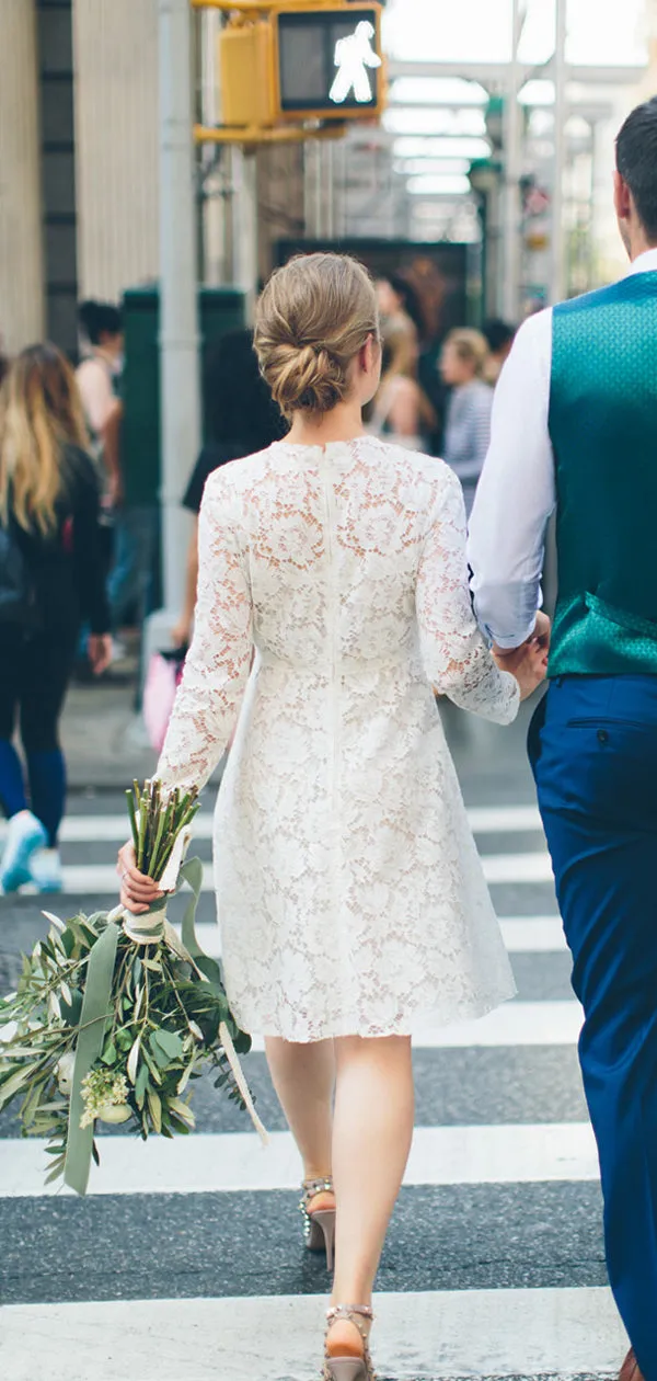 White Lace Long Sleeve Sheath Vintage Short Wedding Dresses,DB0182