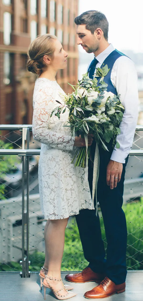 White Lace Long Sleeve Sheath Vintage Short Wedding Dresses,DB0182